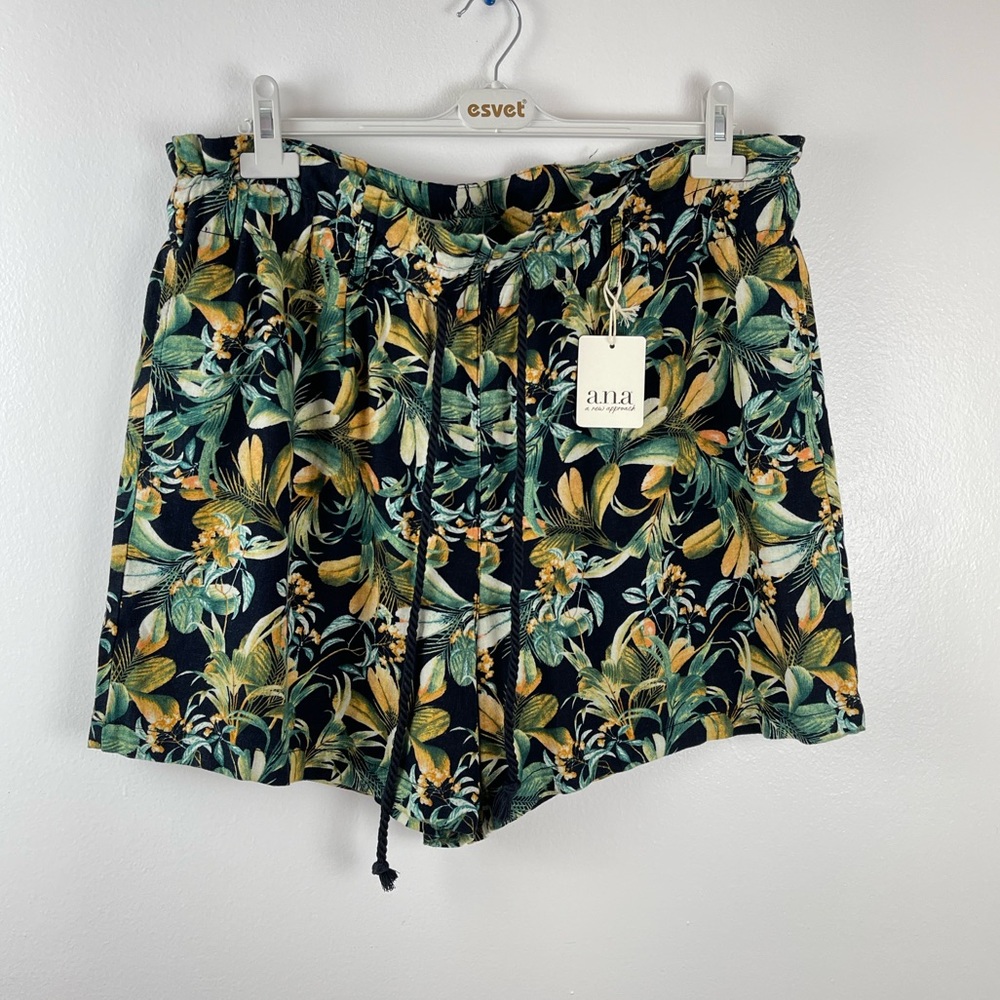 a.n.a Tropical Black Lenin Rayon Blend Elastic Waist Draw String Shorts Sz XXLT
